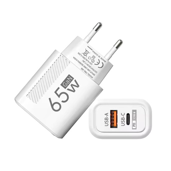 Caricatore GaN 65W USB-C USB-A con ricarica rapida PD e QC3.0 Bianco