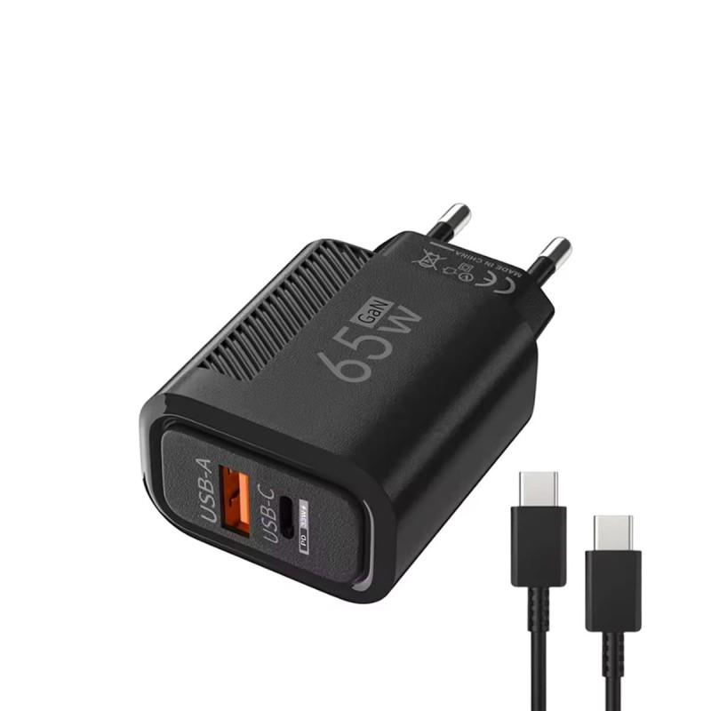 Cargatore USB-C GaN 65W + Cavo 1m Bianco | Ricarica rapida PD + QC3.0