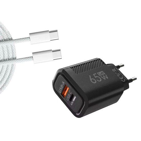 Cargatore USB-C GaN 65W + Cavo 1m Bianco | Ricarica rapida PD + QC3.0