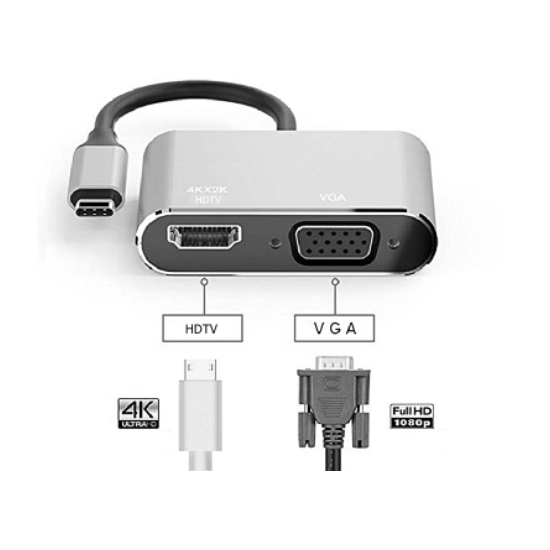 Convertitore da Tipo-C a HDMI e VGA Adattatore 4K HDMI-USB C 3.0 VGA, nuovo